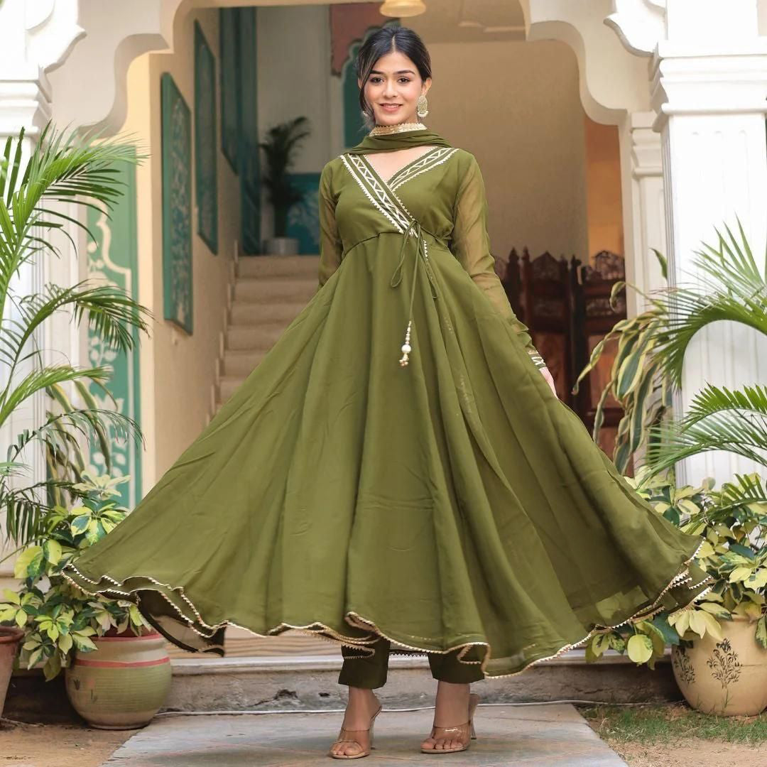 Olive Green Georgette Anarkali Suit Set