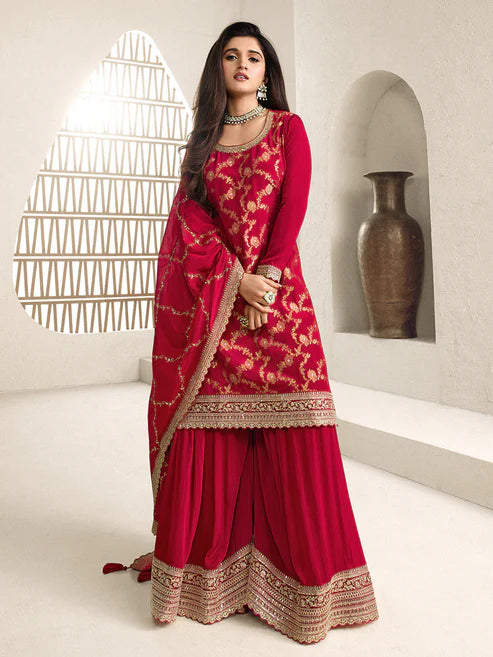 Red Jacquard with Embroidery Sharara Suit Set