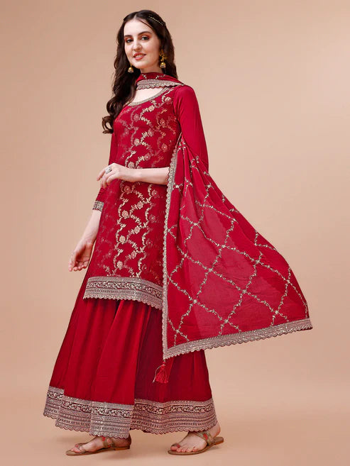 Red Jacquard with Embroidery Sharara Suit Set