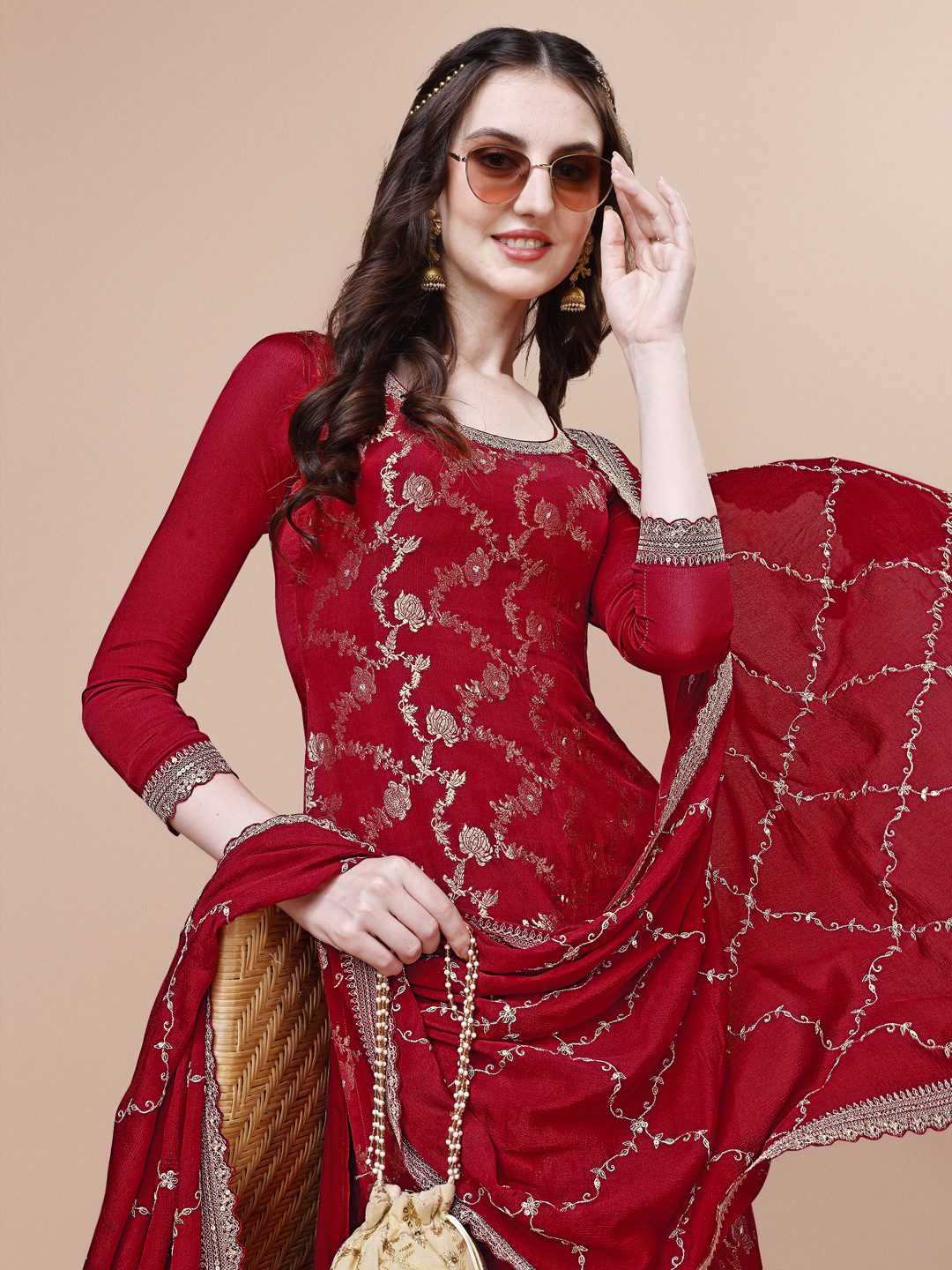 Red Jacquard with Embroidery Sharara Suit Set