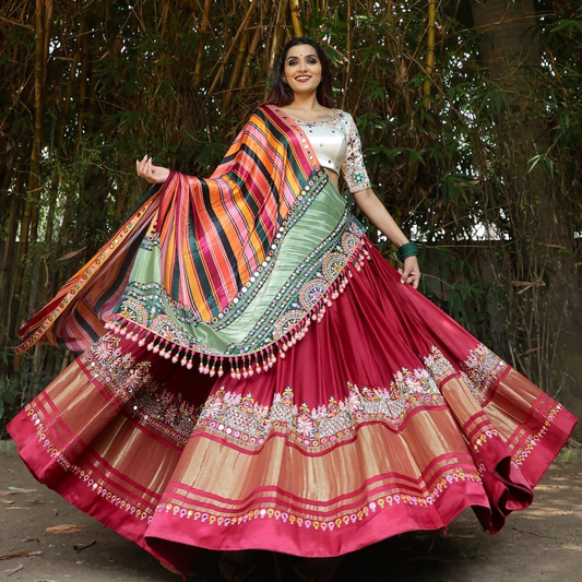 MAROON SILK LENGHA CHOLI WITH REAL MIRROR WORK AND ATTACHED COLOR DUPATTA SF-1322