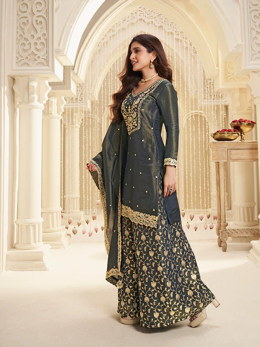 Blue Viscose Tissue with Pitta work Sharara Suit Set