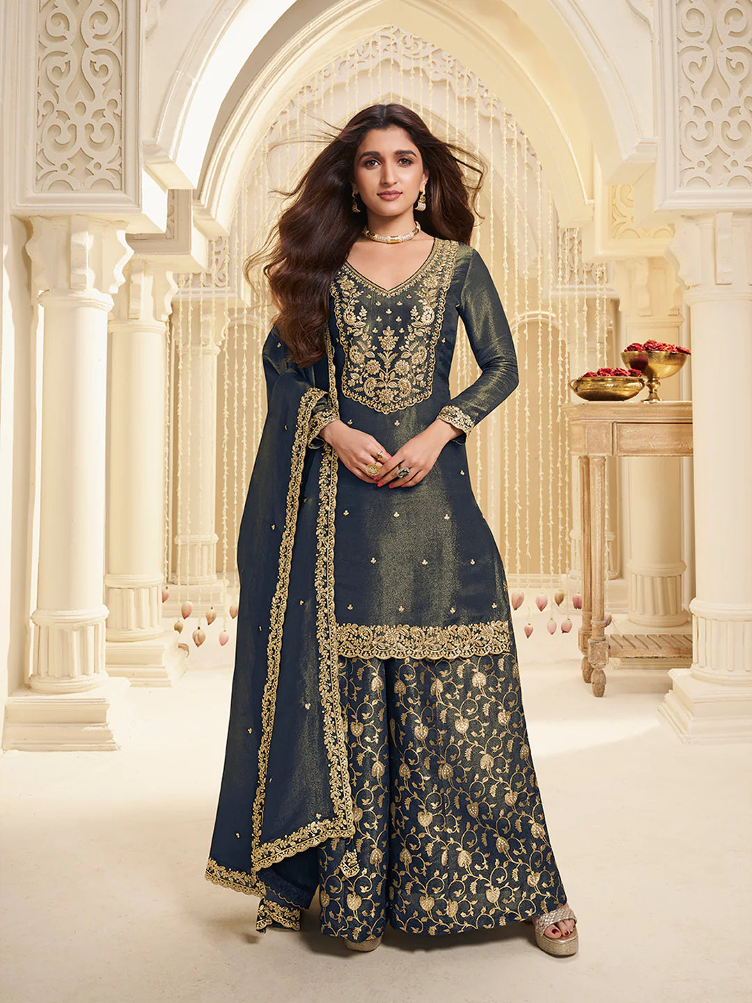 Blue Viscose Tissue with Pitta work Sharara Suit Set