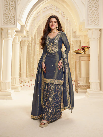 Blue Viscose Tissue with Pitta work Sharara Suit Set