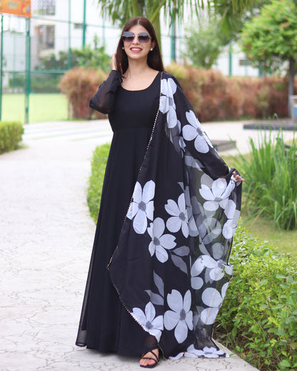 Black Colour Anarkali Gown With Floral Printed Dupatta. KB-258