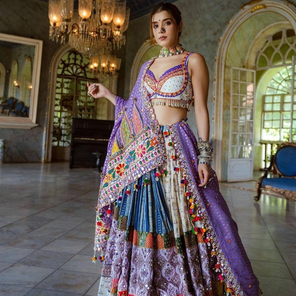 WHITE PURPLE LENGHA CHOLI WITH REAL MIRROR WORK AND ATTACHED DUPATTA SF-1351