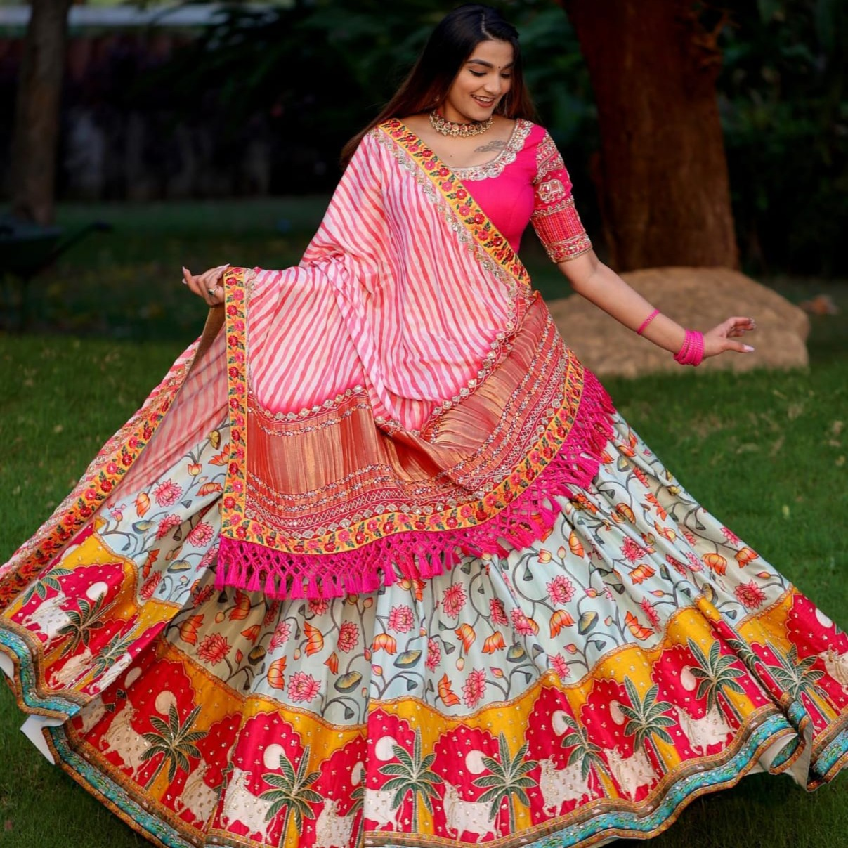 SKY PINK SILK LENGHA CHOLI REAL MIRROR WORK AND ATTACHED SKY DUPATTA SF-1251