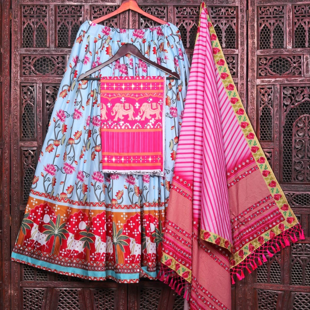 SKY PINK SILK LENGHA CHOLI REAL MIRROR WORK AND ATTACHED SKY DUPATTA SF-1251