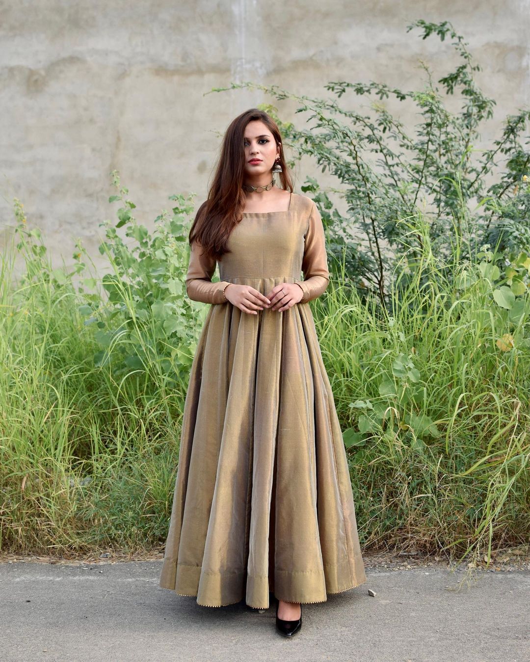 Designer Bronze Gold Lama Anarkali Gown With Dupatta KB-233