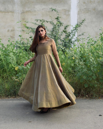 Designer Bronze Gold Lama Anarkali Gown With Dupatta KB-233