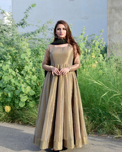 Designer Bronze Gold Lama Anarkali Gown With Dupatta KB-233