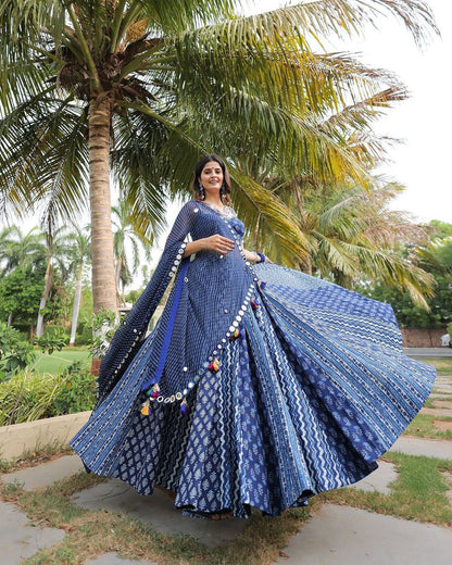 Navy Blue Color Maslin With Printed Navratri Special Designer Lehenga Choli