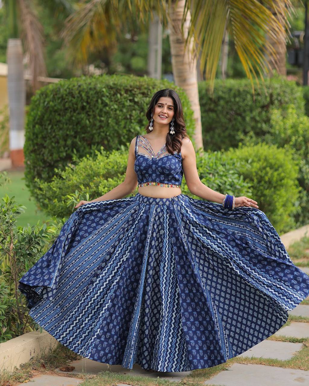 Navy Blue Color Maslin With Printed Navratri Special Designer Lehenga Choli