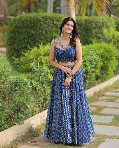 Navy Blue Color Maslin With Printed Navratri Special Designer Lehenga Choli