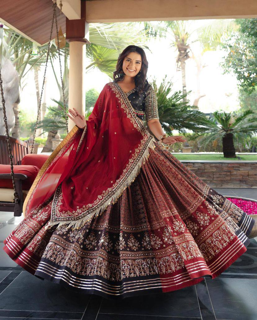 Maroon Cotton Print Mirrorwork Gujarati Garba Navratri Lehenga Chaniya Choli