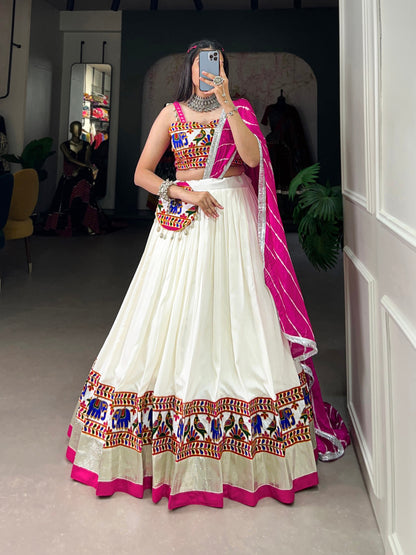 The Essence of Navratri with Our White Colour Rayon Gamthi Work Lehenga Choli