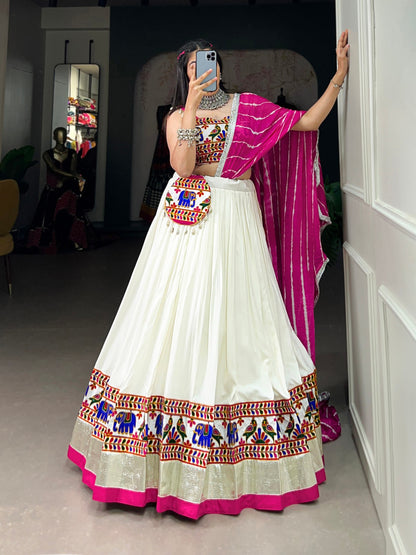 The Essence of Navratri with Our White Colour Rayon Gamthi Work Lehenga Choli