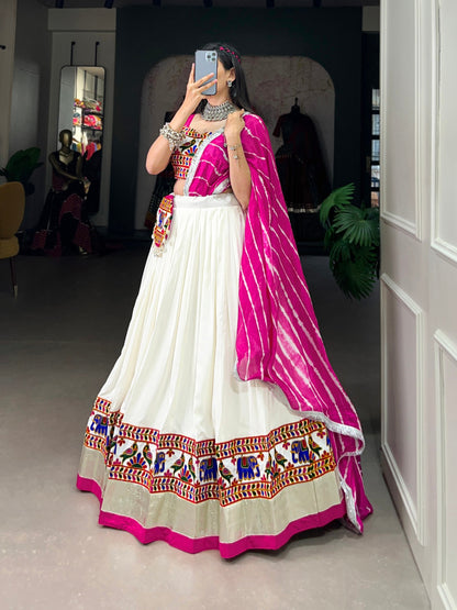 The Essence of Navratri with Our White Colour Rayon Gamthi Work Lehenga Choli