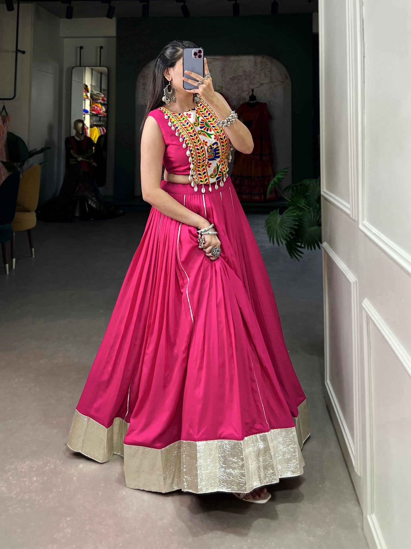 Rayon Lehenga and Gamthi Work Blouse for Navratri Festival Lehenga