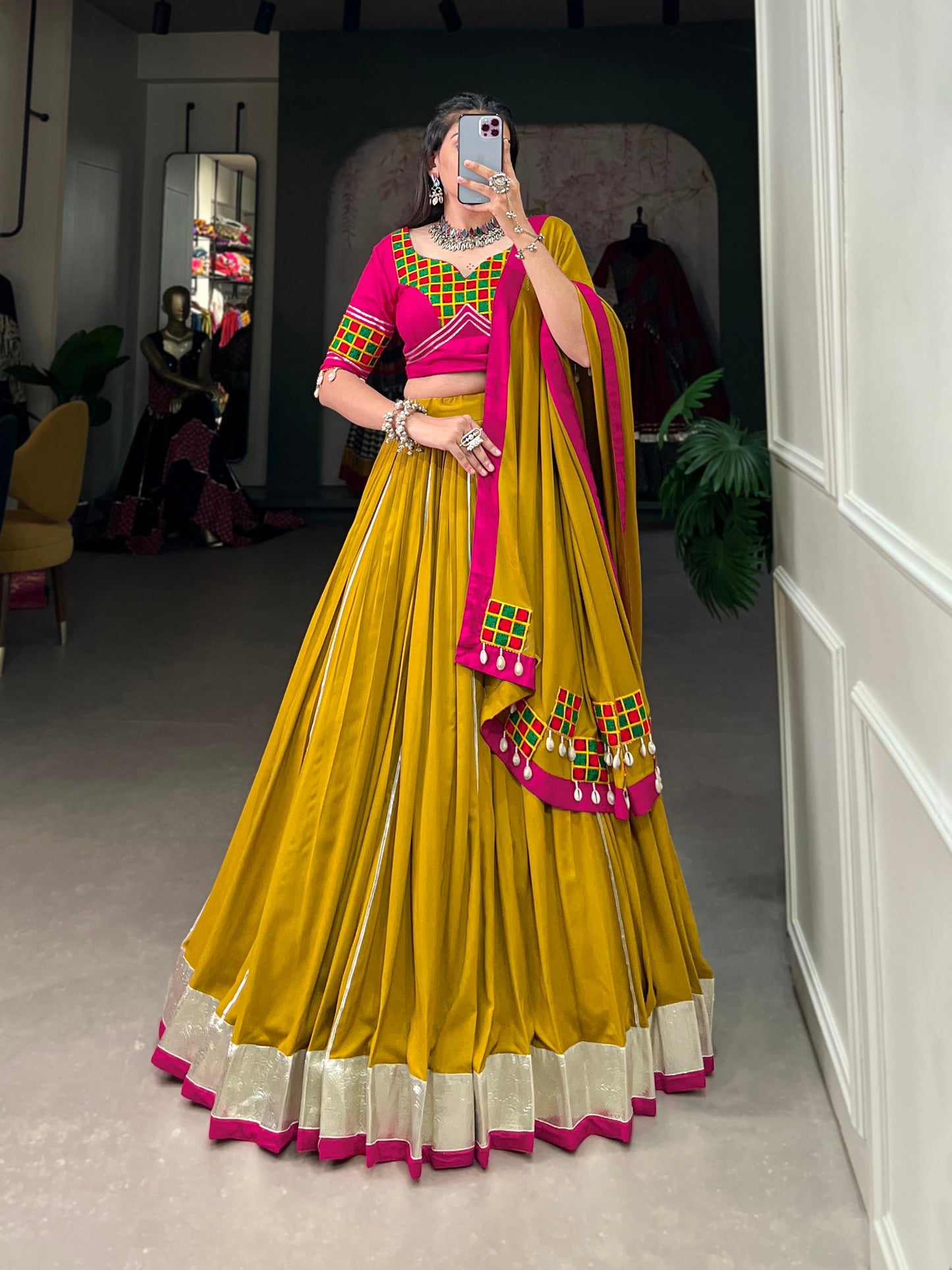 Mustard Yellow Pure Rayon Lehenga Choli with Intricate Gamthi Work