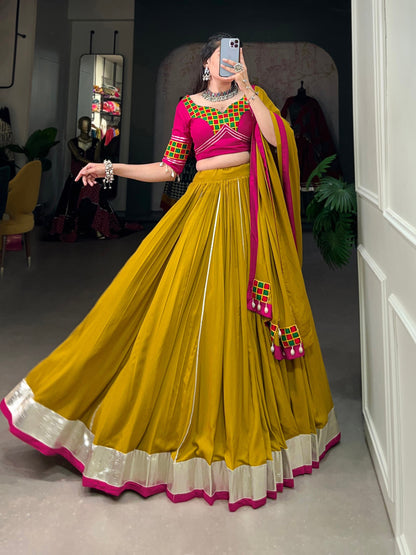 Mustard Yellow Pure Rayon Lehenga Choli with Intricate Gamthi Work