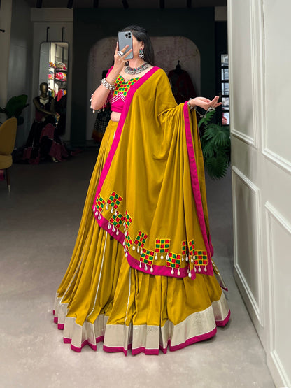 Mustard Yellow Pure Rayon Lehenga Choli with Intricate Gamthi Work