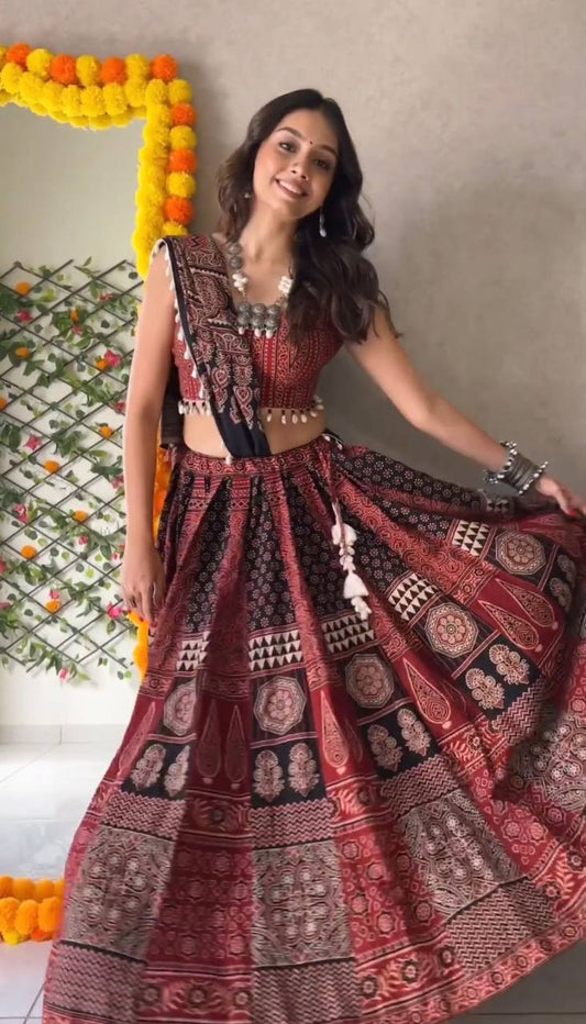 Red Color Rayon With Printed Navratri Special Designer Lehenga Choli Set