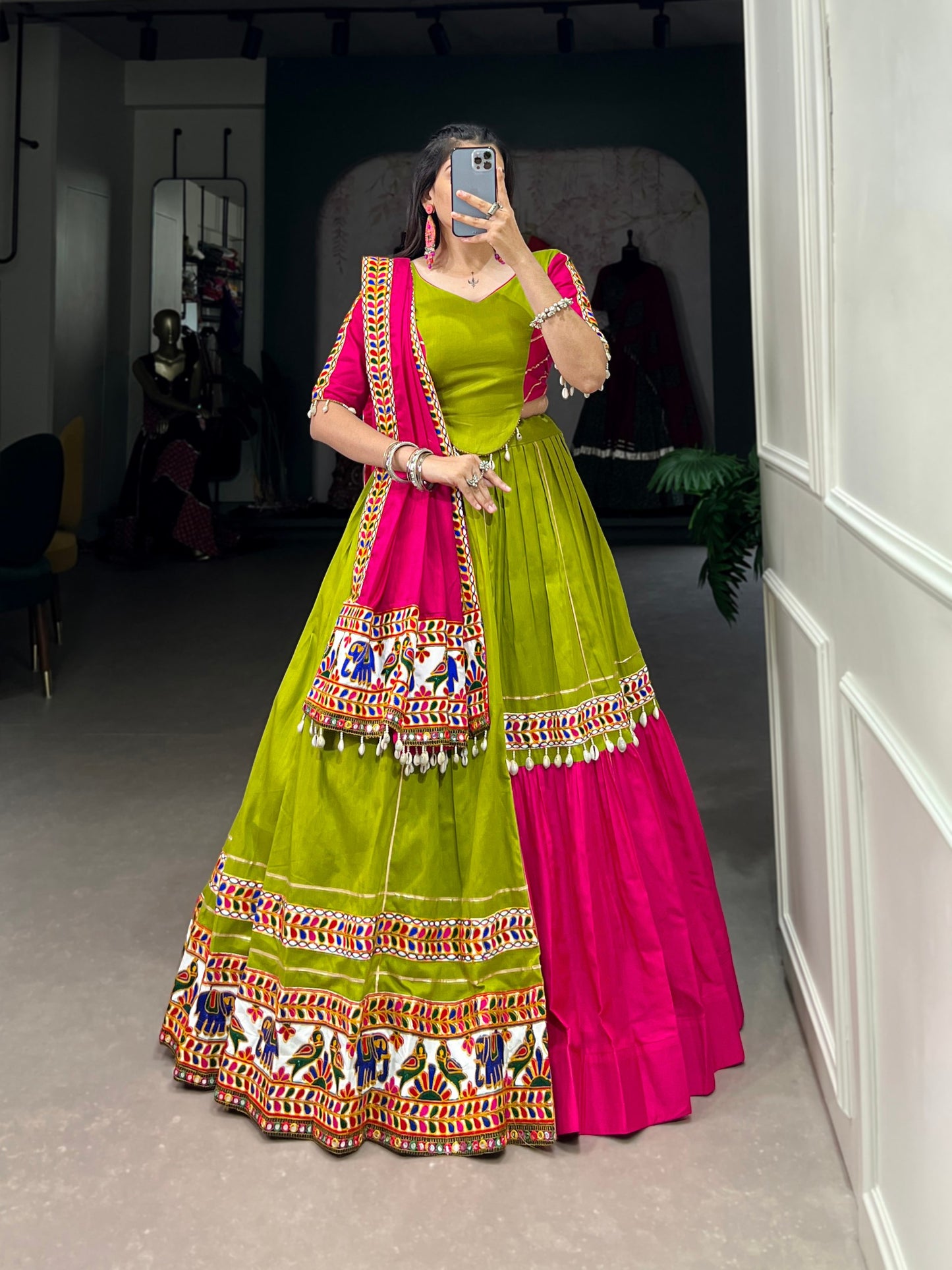 Pink & Parrot Color Pure Cotton Gamthi Work Navratri Special Ready To Wear Lehenga Set