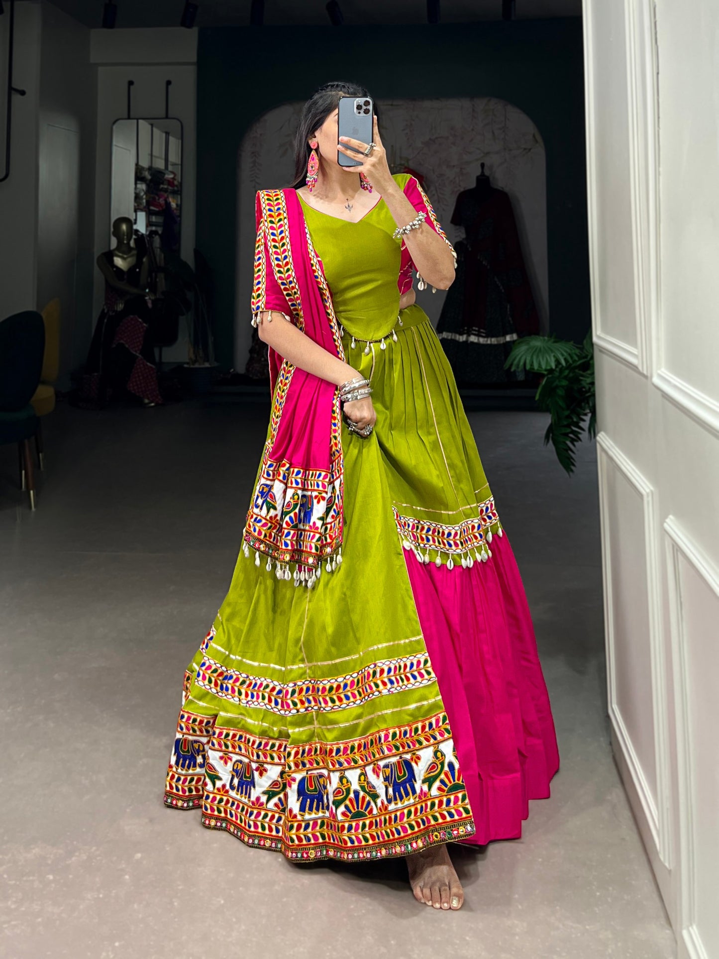 Pink & Parrot Color Pure Cotton Gamthi Work Navratri Special Ready To Wear Lehenga Set