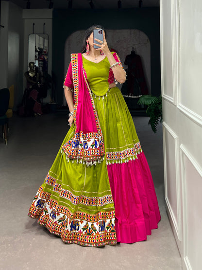 Pink & Parrot Color Pure Cotton Gamthi Work Navratri Special Ready To Wear Lehenga Set