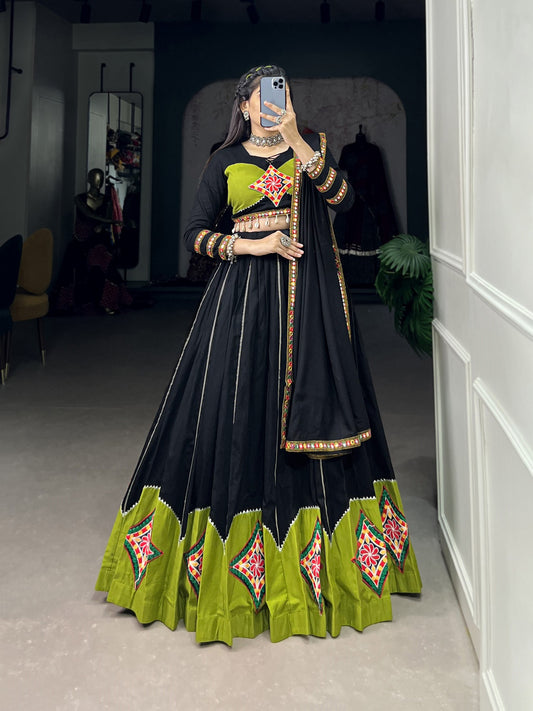 Black Color Cotton Plain With Gamthi Work Premium Navratri Festival Lehenga Choli