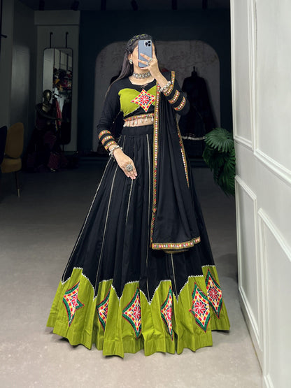 Black Color Cotton Plain With Gamthi Work Premium Navratri Festival Lehenga Choli