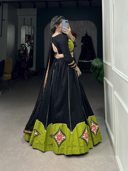 Black Color Cotton Plain With Gamthi Work Premium Navratri Festival Lehenga Choli