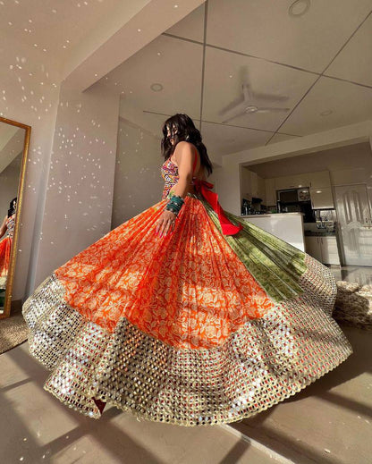 Orange and Green Color Digital Printed Mirror Work Navratri Lehenga Set