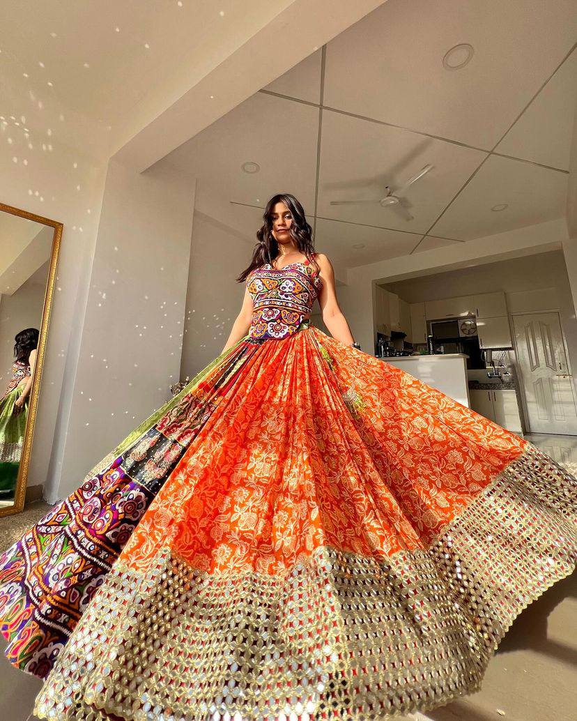 Orange and Green Color Digital Printed Mirror Work Navratri Lehenga Set