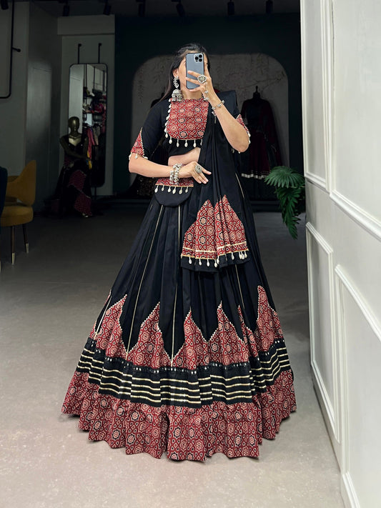 Black Color Pure Cotton Plain With Printed And Paper Mirror Work Lace And Gota Patti Stitched Lehenga Choli