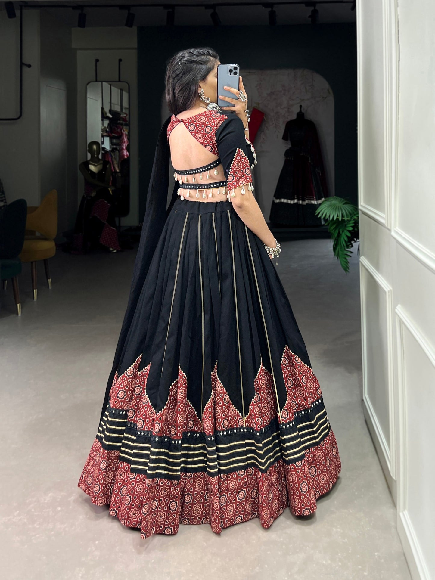 Black Color Pure Cotton Plain With Printed And Paper Mirror Work Lace And Gota Patti Stitched Lehenga Choli