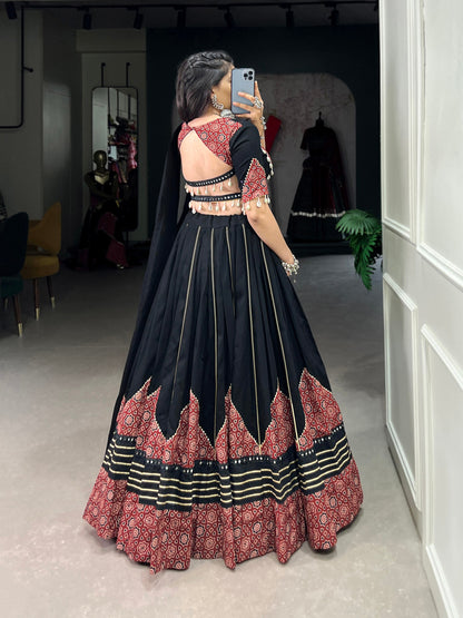 Black Color Pure Cotton Plain With Printed And Paper Mirror Work Lace And Gota Patti Stitched Lehenga Choli