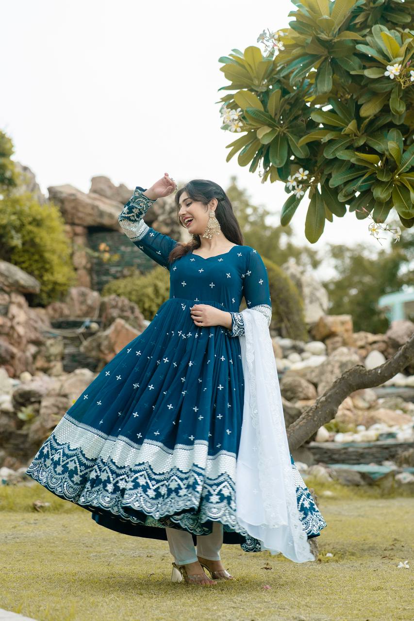 Peacock Blue Georgette Embroidered Anarkali Gown