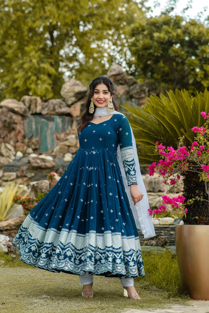 Peacock Blue Georgette Embroidered Anarkali Gown