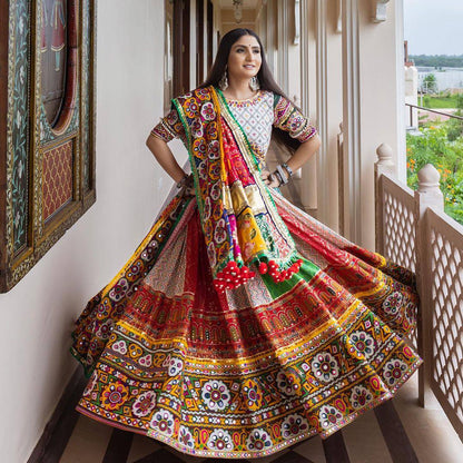 White cotton print mirror work gujarati garba navratri lehenga chaniya choli