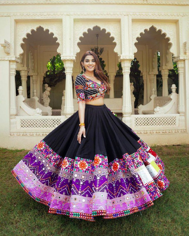 Black Color Navratri Special Mirror Work Cotton Designer Lehenga Choli