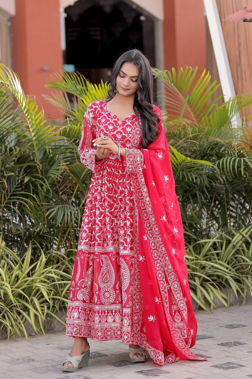 Sangiri Red Traditional Embroidery Work Anarkali Gown