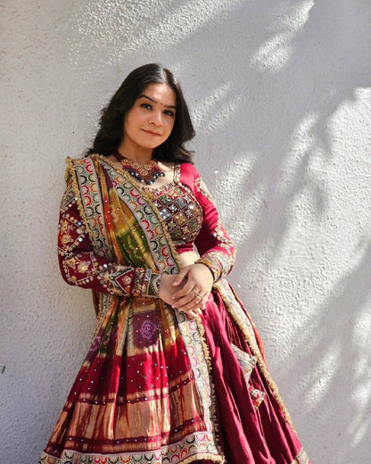 Traditional Maroon Lehenga with Rich Embroidery and Printed Border Lehenga Choli