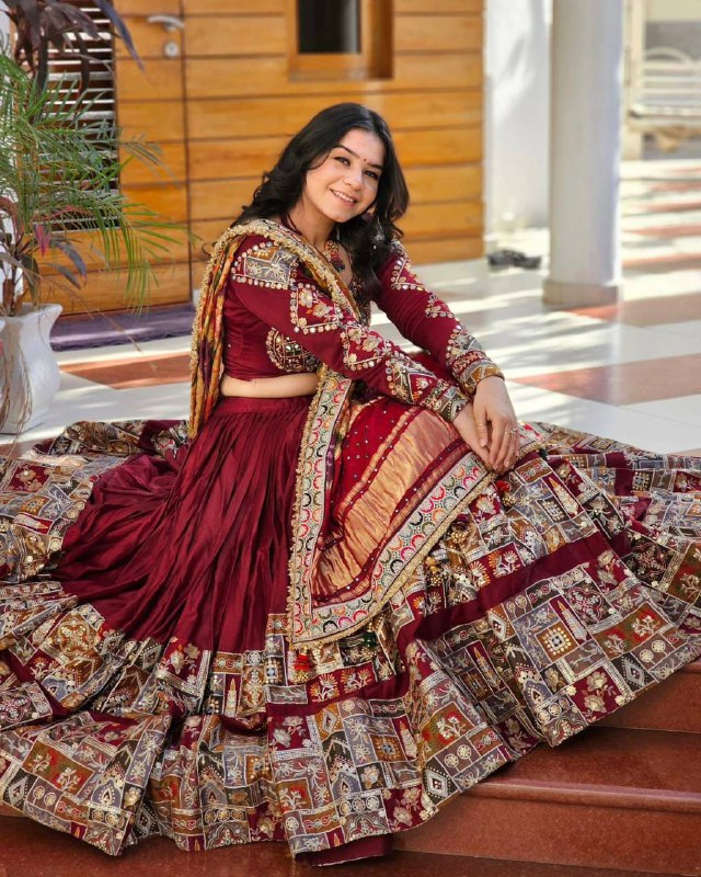 Traditional Maroon Lehenga with Rich Embroidery and Printed Border Lehenga Choli