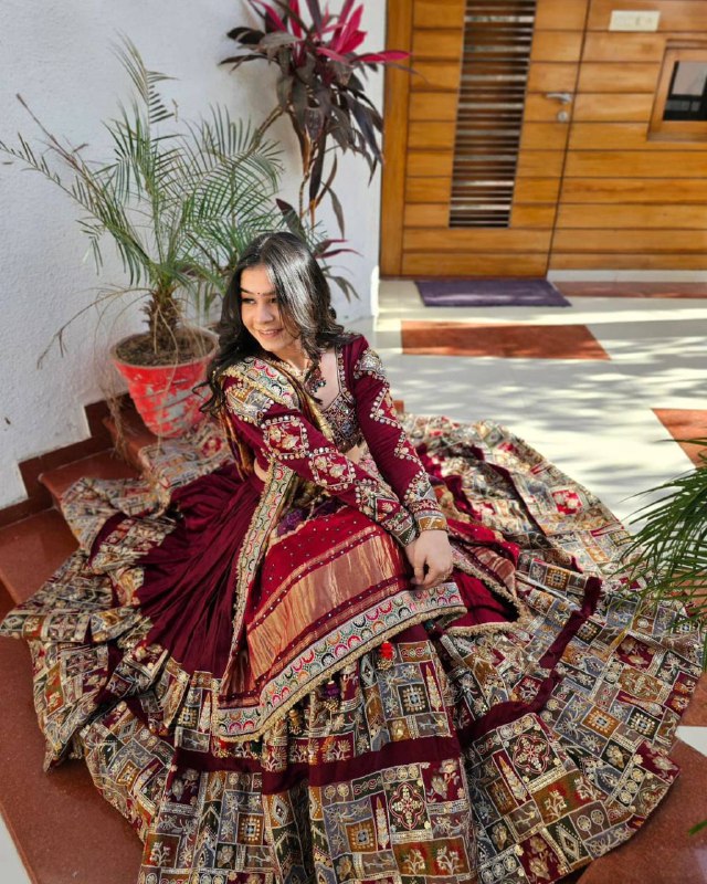 Traditional Maroon Lehenga with Rich Embroidery and Printed Border Lehenga Choli