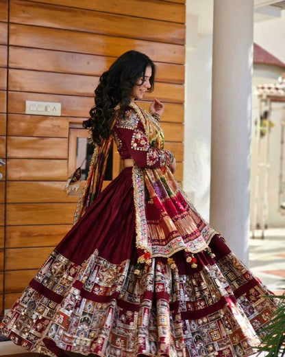 Traditional Maroon Lehenga with Rich Embroidery and Printed Border Lehenga Choli