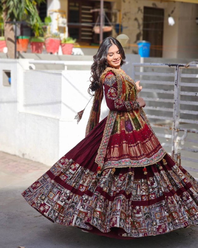 Traditional Maroon Lehenga with Rich Embroidery and Printed Border Lehenga Choli