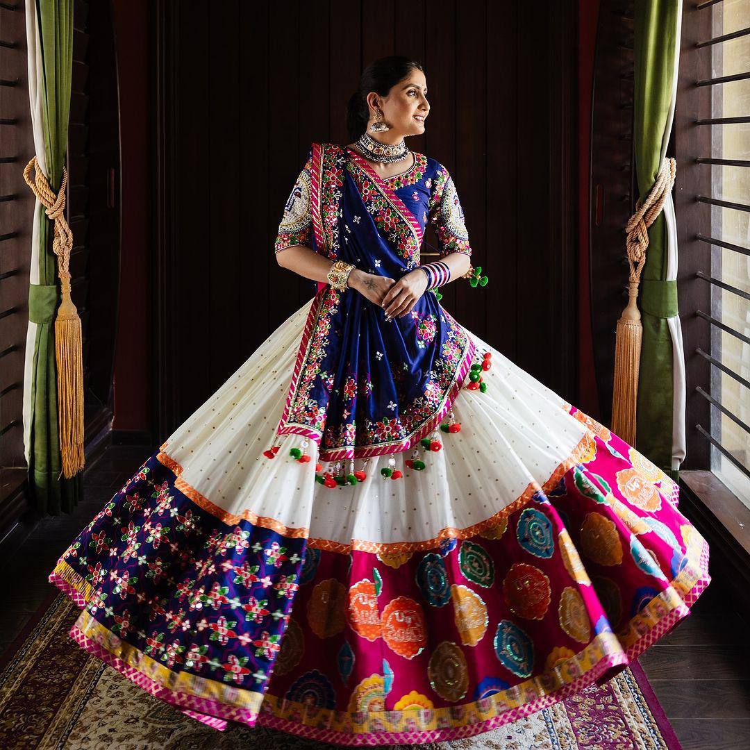 Geeta Rabari Wear White Color Digital Printed Mirror Work Cotton Lehenga Choli