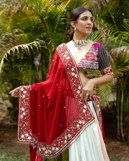 Ethnic Embroidery Stunning Red and White Navratri Lehenga Choli